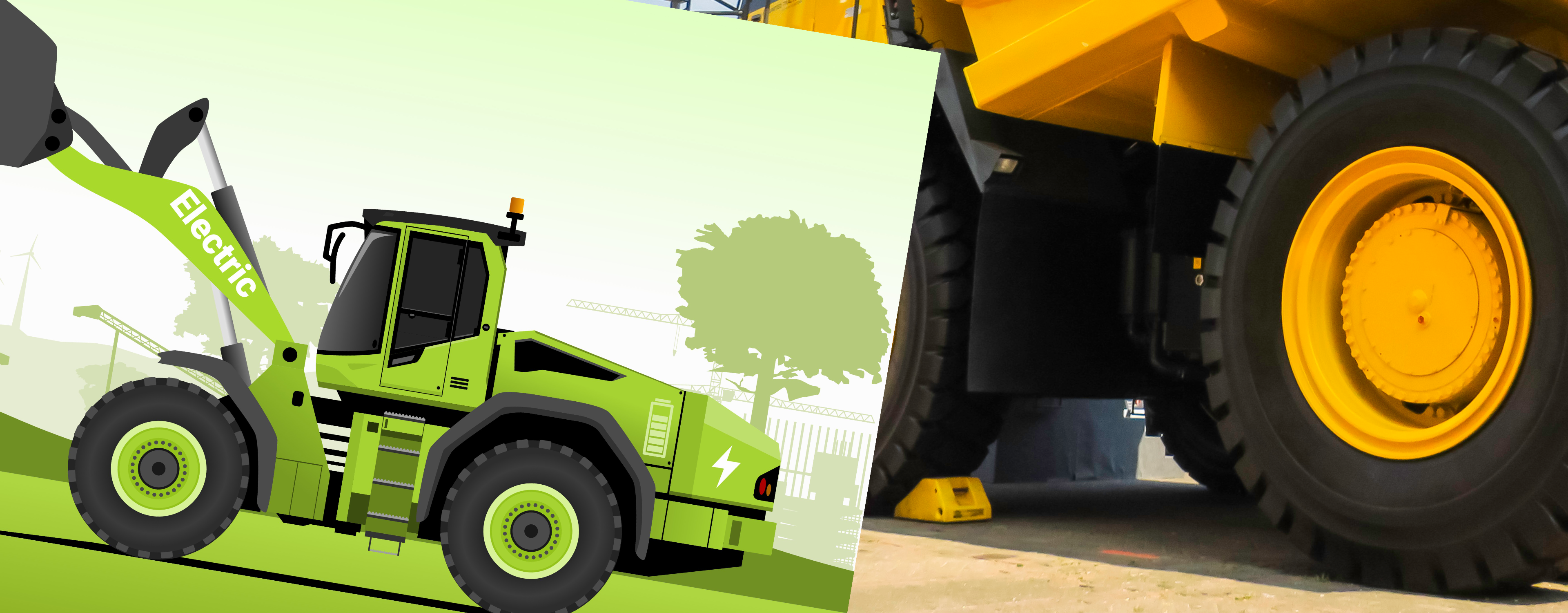Electric wheel loader illustration beside a dump truck photograph, licensable on Shutterstock